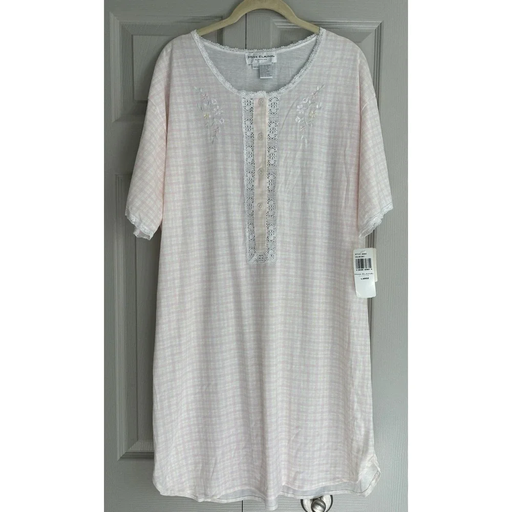 NWT Vintage Miss Elaine Nightgown Large Pink Plaid Lace Shirt Sleeve CottageCore